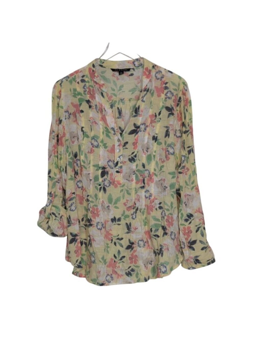 Zac & Rachel Floral Shirt Womens Size XL Yellow Roll Tab Sleeves V Neck Popover